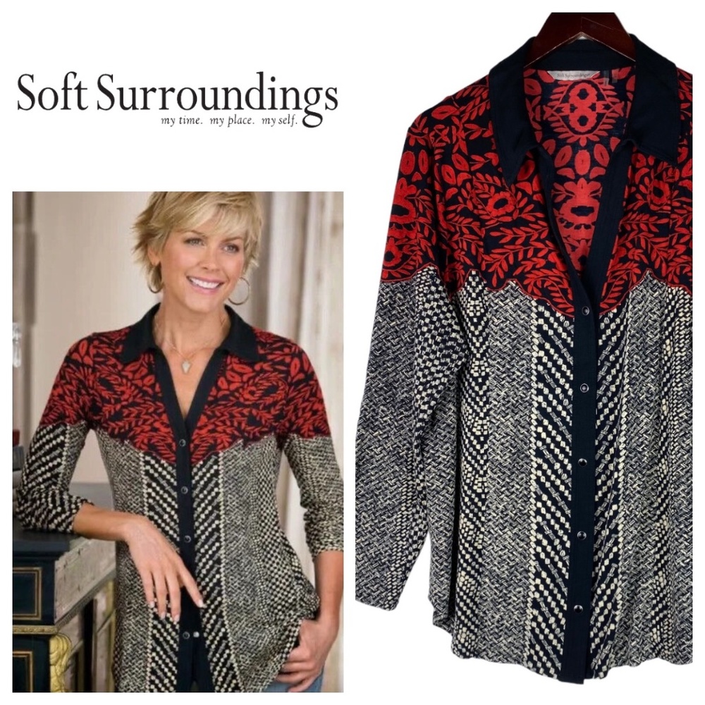 Soft Surroundings Calistoga 1X 16 18 Top Tunic Shirt Blouse Red Black Floral